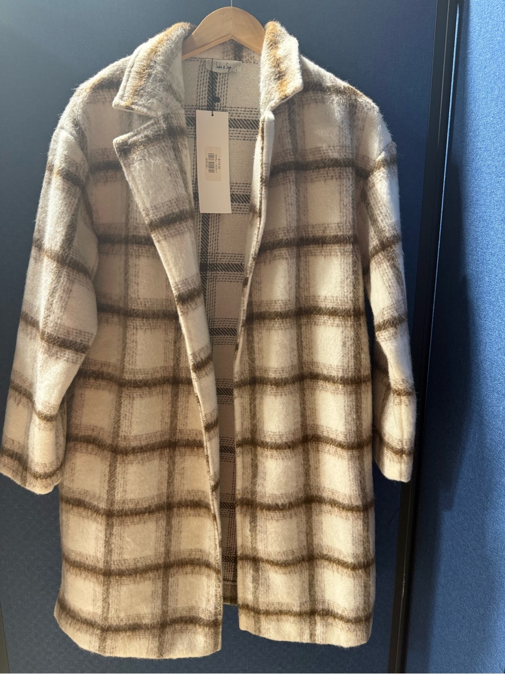Sadie & Sage Cream and Brown Plaid Peacoat